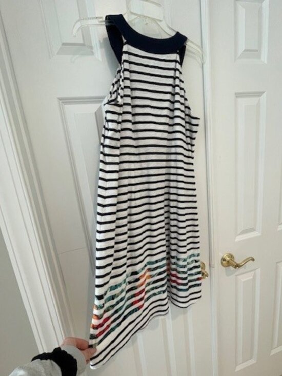 TOMMY BAHAMA Sleeveless Blue White Striped w/Tropical Print Cotton Dress MEDIUM - Picture 6 of 14